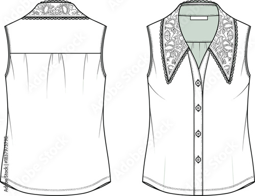 Sleeveless woven blouse fashion technical sketch flat illustration vector with button front and large decorative embroidery lace collar apparel design
