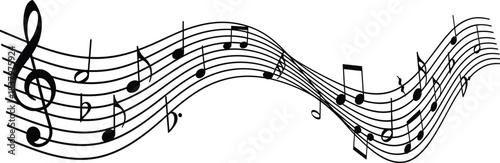 Wavy Music Notes and Staff Lines Vector Illustration, Abstract Musical Score Background Element with Clef and Accidentals for Graphic Design.