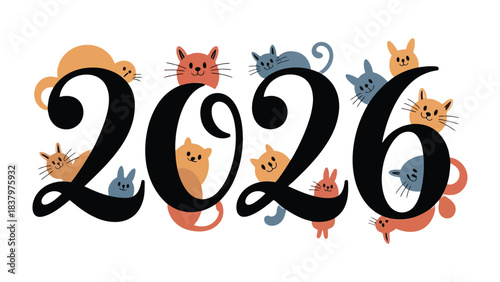 2026 Cats: A vibrant and playful illustration features the year 2026, creatively adorned with cute cartoon cats, symbolizing a fun and feline-filled future.