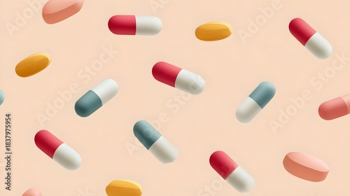 Assorted colorful pills and capsules on a pastel background