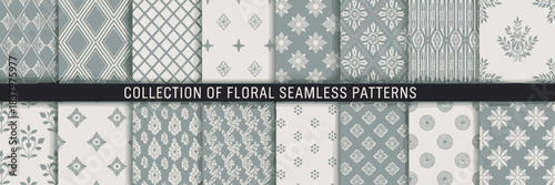 Muted Teal and White Floral Seamless Patterns Collection Keywords: floral, pattern, seamless