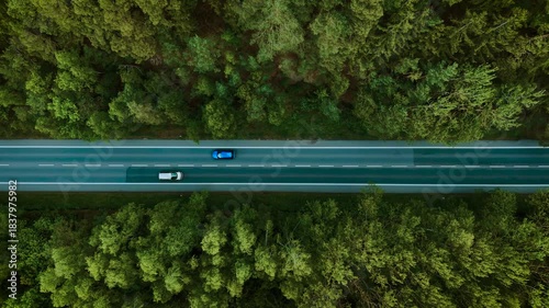 Car driving through forest highway. Silver hatchback moving under cloudy sky top view. Automobile cruising on empty road between dense trees. Transport traveling along quiet scenic route