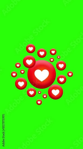 Social media pop up animation of red heart icon on green screen background, for video editing. Vertical.