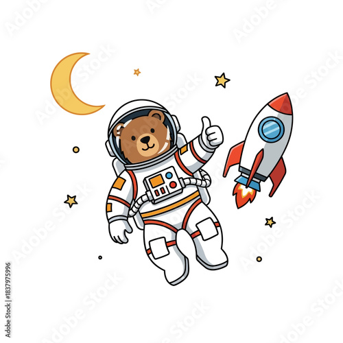 Cute cartoon bear astronaut floating in space with a rocket.