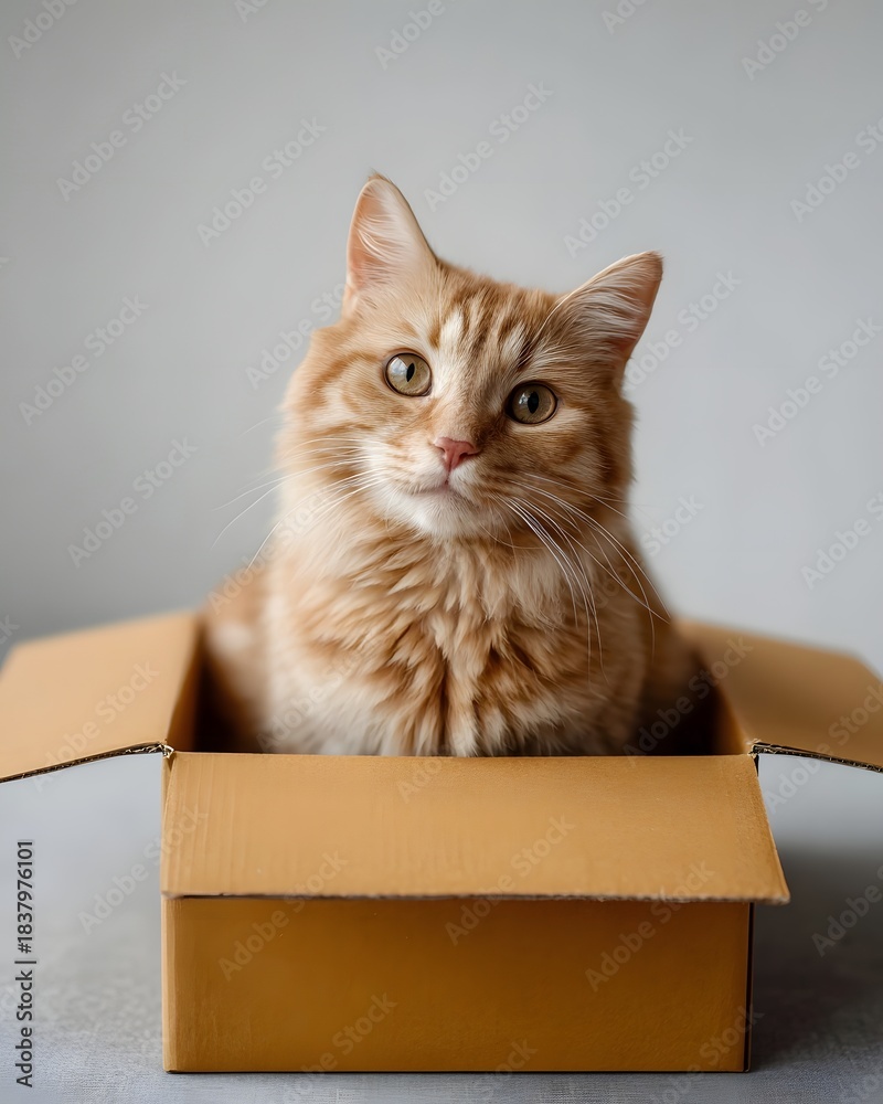 Fototapeta premium Ginger cat sits calmly inside a cardboard box