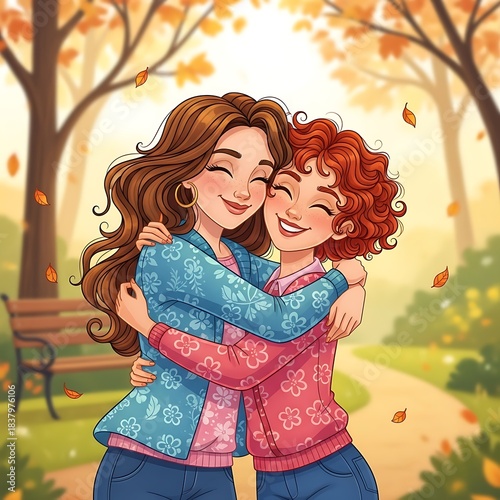 Joyful embrace between two women in a beautiful autumn park.