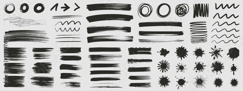 Set of Black Ink Brush Strokes and Splatters Keywords: brush stroke, ink, paint, splatter