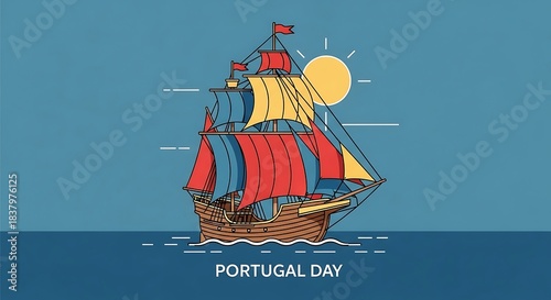 Colorful Portuguese Ship Sailing on the Ocean with Sun and Flags.