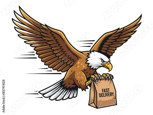 A powerful bald eagle with outstretched wings is swiftly delivering a brown paper bag labeled "FAST DELIVERY" with its talons.