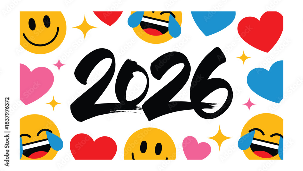Naklejka premium Vision of the Year 2026: An optimistic and colorful emblem of 2026, featuring joyful emoji symbols and loving hearts, signifying hope and happiness in the upcoming year.
