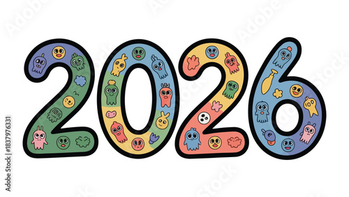 Year 2026: A playful and colorful representation of the year 2026, where each digit is adorned with a variety of whimsical, cartoon-like characters, creating a sense of joy and anticipation.