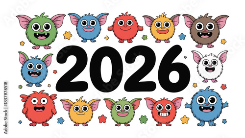 New Year's Eve 2026: Cheerful and Colorful Monstrous Friends welcoming a year filled with fun, surprises, and extraordinary moments. 