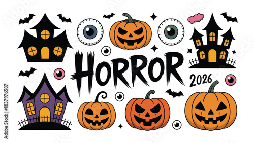 Spooky Halloween Decor: A collection of scary elements sets the scene for a night of fright, featuring jack-o'-lanterns, haunted houses, eyes, and bats, all conveying the eerie essence of Halloween.