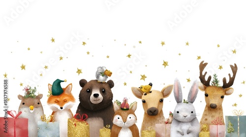 Cute Christmas Woodland Animals with Gifts and Stars