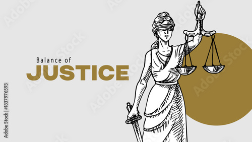 Sketch Themis. Lady justice. Woman holding scales and sword. Engraved line style hand drawn  vector illustration. Law, legal, court, mediation center, arbitration, notary concept