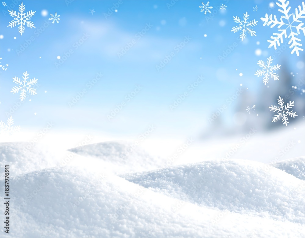 custom made wallpaper toronto digitalA snow-covered landscape scene with fluffy mounds in foreground, blurred trees, and snowflakes gently falling in the serene sky