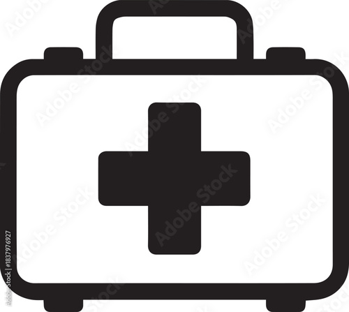 A bold, minimalist monochrome illustration of a first-aid kit, embodying safety and preparedness, is displayed on the screen. The focus is on the essential symbol of aid.