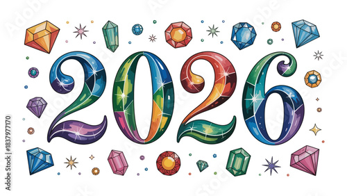 2026 Gemstone Year: A sparkling collage of precious gemstones, meticulously arranged to form the year 2026, radiating elegance and a touch of luxury.