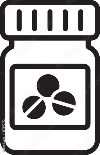 A monochrome image showcases a stylized bottle of pills, a simple yet effective representation of health and medicine.