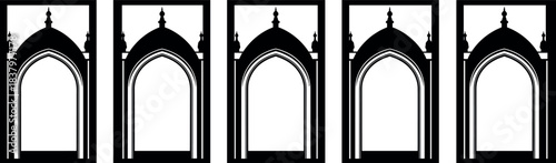 Islamic arch window silhouette set featuring traditional mosque architecture frames for decorative design, cultural artwork, and ornamental projects