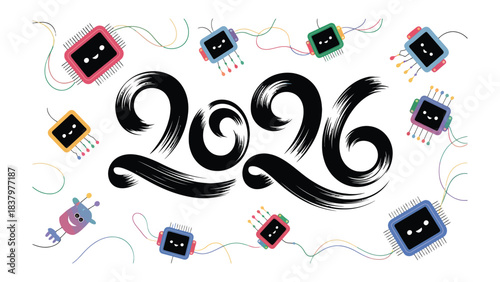 Futuristic 2026: A playful illustration envisions the year 2026, with whimsical robots dancing around the stylized number. The image hints at innovation.