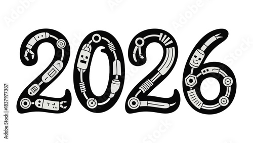 Digital Vision: A stylized graphic showcases the year 2026, composed of intricate mechanical and technological elements, projecting a glimpse into future. 