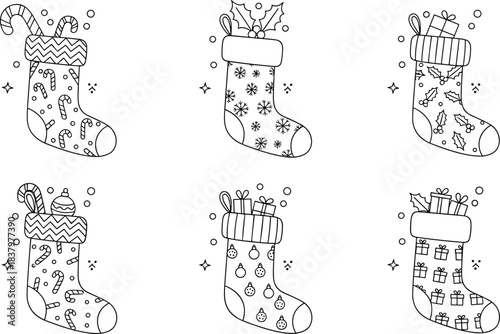 Christmas stocking icon set, black and white line illustrations, festive decorations, vector pack for holiday design and coloring