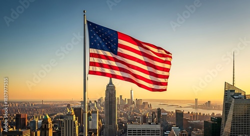 American Flag Waving Over New York City Skyline at Sunrise.