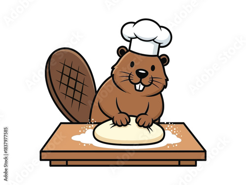 A cute cartoon beaver wearing a chef's hat is kneading dough on a wooden table, preparing to bake.