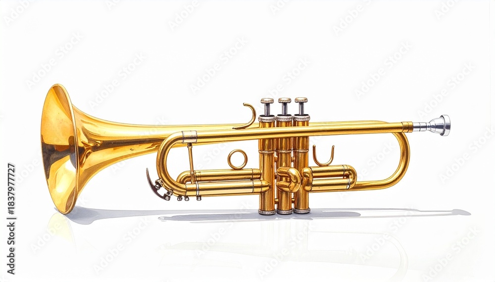 Fototapeta premium A brass trumpet with flared bell and three piston valves rests on a white surface, captured in realistic lighting to highlight its elegant structure and musical craftsmanship.