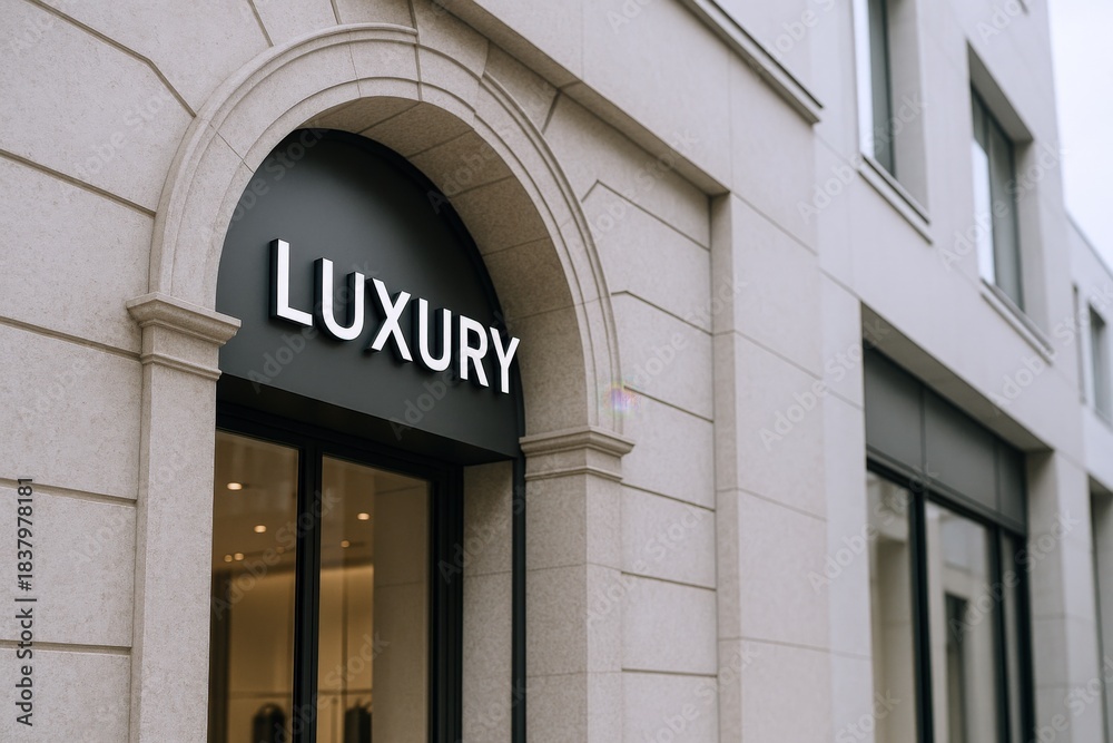 Obraz premium Elegant architectural facade featuring an arched entrance, showcasing architectural design and sophisticated urban aesthetics