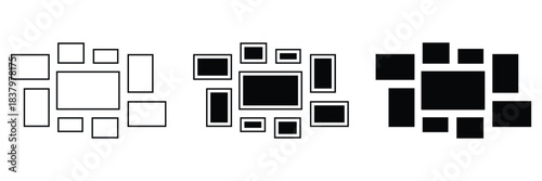 Collage gallery photo frame in line and solid style. Empty photo frame collage. Pictures or photos frame collage comics page grid layout abstract photo frames and digital photo wall.