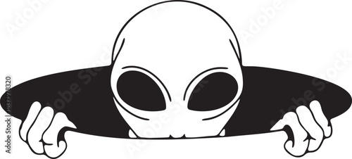 Black and white alien head peeking over edge with hands