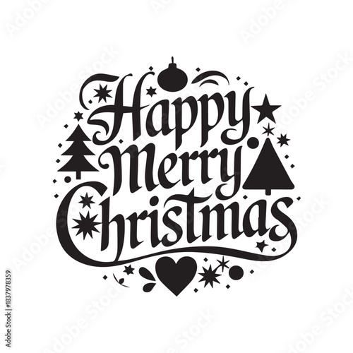 Hand-Lettered Happy Merry Christmas Typography, Festive Wreath Style Calligraphy Decoration.
