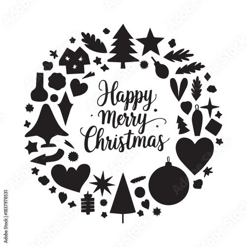 Hand-Lettered Happy Merry Christmas Typography, Festive Wreath Style Calligraphy Decoration.