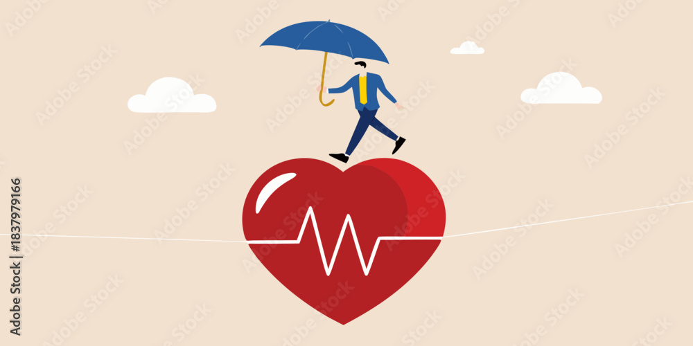 Fototapeta premium balancing act a man walks on a heart shaped tightrope under an umbrella