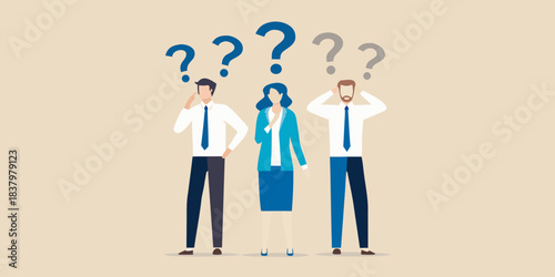 Three business people pondering with question marks above their heads