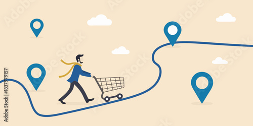 A person with a shopping cart navigating a path marked by location pins