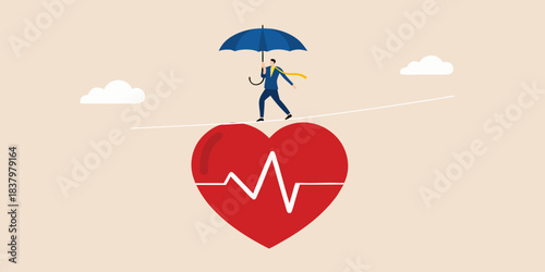 A businessman walking on a rope above a heart with an ekg line
