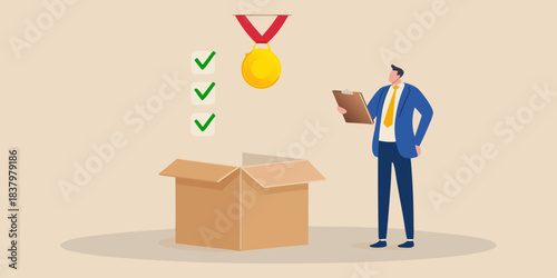 Success and achievement a man with a gold medal and checklist