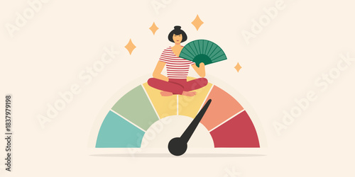 Woman meditating with a fan balanced on a colorful gauge illustration