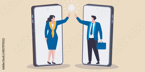 Virtual connection business professionals celebrating success through smartphone technology