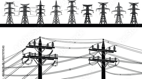 High-Voltage Electricity Transmission Towers Silhouette and Complex Urban Utility Poles Messy Wire Power Lines Infrastructure for Electrical Distribution Network,