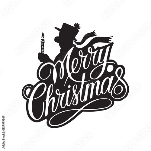 Merry Christmas Calligraphy Script with Child Silhouette Holding a Lit Candle.