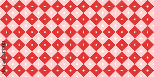 Christmas harlequin rhombus seamless pattern with sparkling star. Xmas red and pin wrapping texture background. Valentine and Birthday print. Diamond shaped preppy wallpaper. Vector illustration