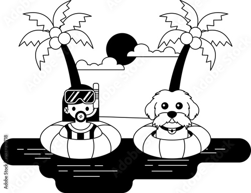 black and white illustration of A girl and a dog are in the sea