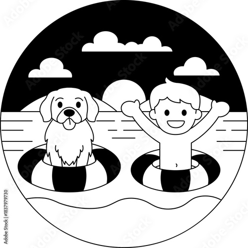 black and white illustration of A boy and a dog are in the sea
