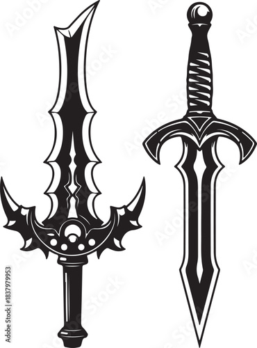 Stylized black silhouette fantasy swords illustration on a clean white background for graphic design projects