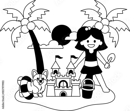 black and white illustration of A girl is standing in front of a sand castle with her dog