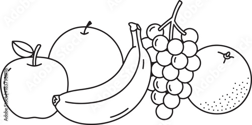 A simple line drawing illustration of an apple banana grapes and an orange fruit